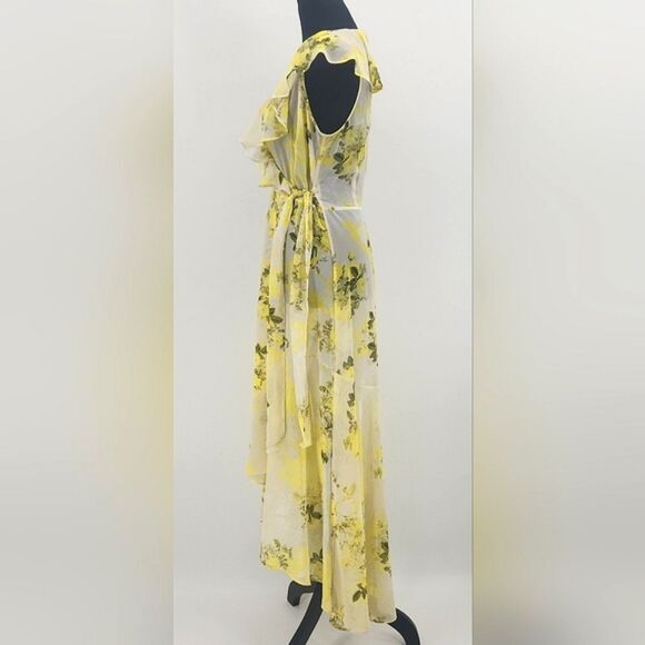 Calvin Klein Sheer Maxi Dress Size 6 Yellow Floral Chiffon High Low Faux Wrap - Picture 2 of 10